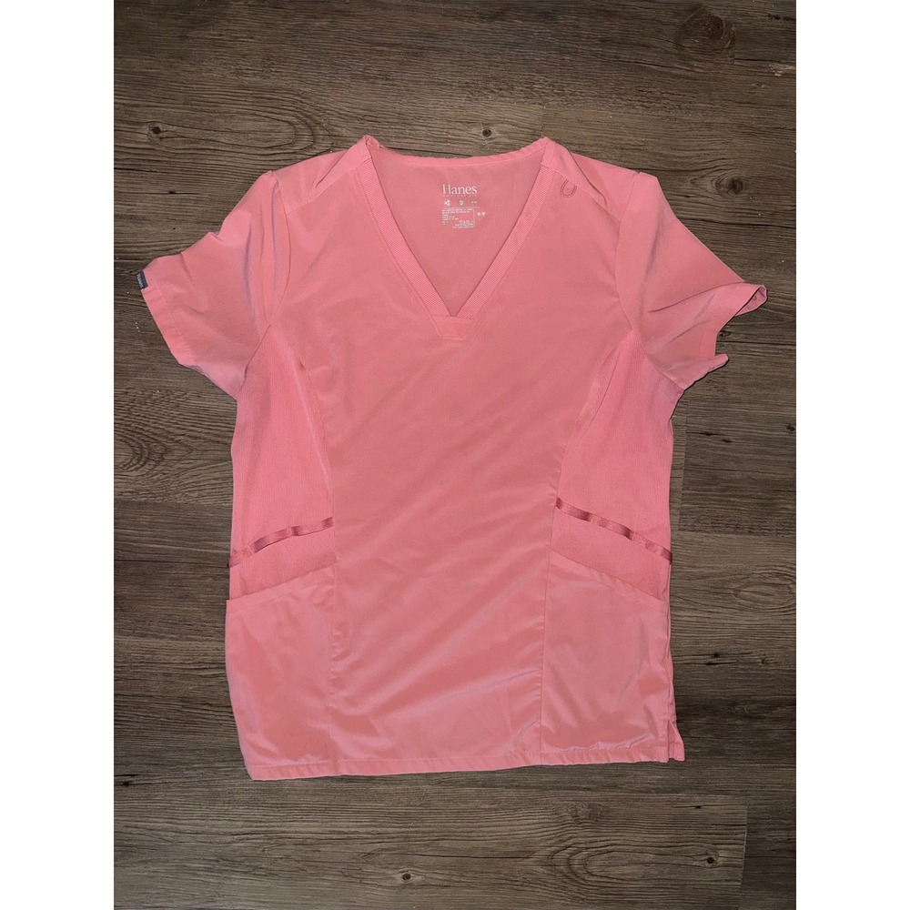 Hanes Comfort Fit Womens Scrub Top Medium Coral Pink V-Neck Ribbed Side Panels